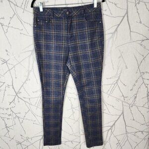 Avec Les Filles Blue Plaid Stretch Knit High Rise Skinny Pants